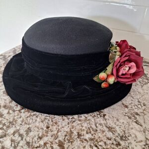 Toucan Vintage Black Wool Boater Hat with Grosgrain Band and Flowers